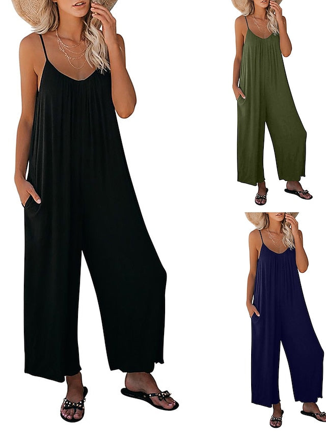 Women's Basic Daily Wide Leg Navy Blue Overall Solid Color - LuckyFash™