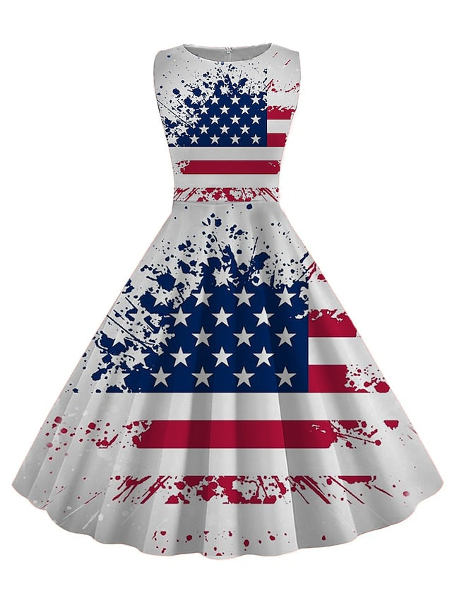 Women's Retro 1950s Vintage Tea Dresses Midi Dress Daily Date Ruched Print American Flag Crew Neck Sleeveless Slim Summer Spring 2023 Black White S M L XL