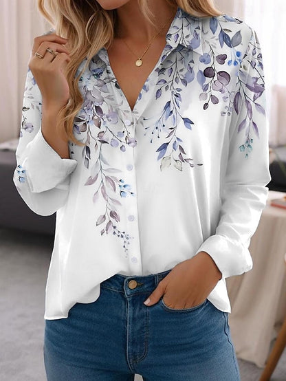 Women's Shirt Blouse Black White Purple Graphic Floral Button Print Long Sleeve Holiday Streetwear Elegant Casual Shirt Collar Regular Floral S