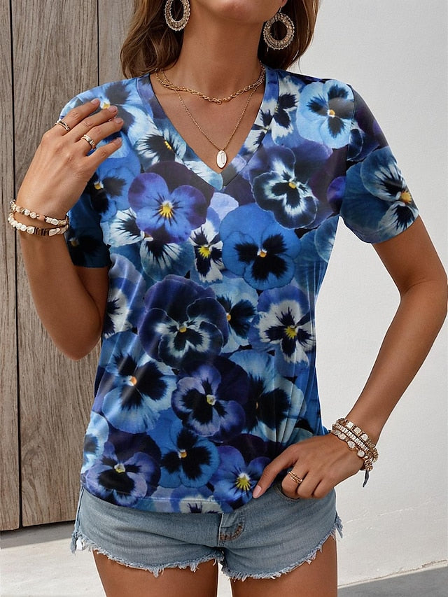 Women's T shirt Tee Floral Daily Print Navy Blue Short Sleeve Fashion V Neck Summer