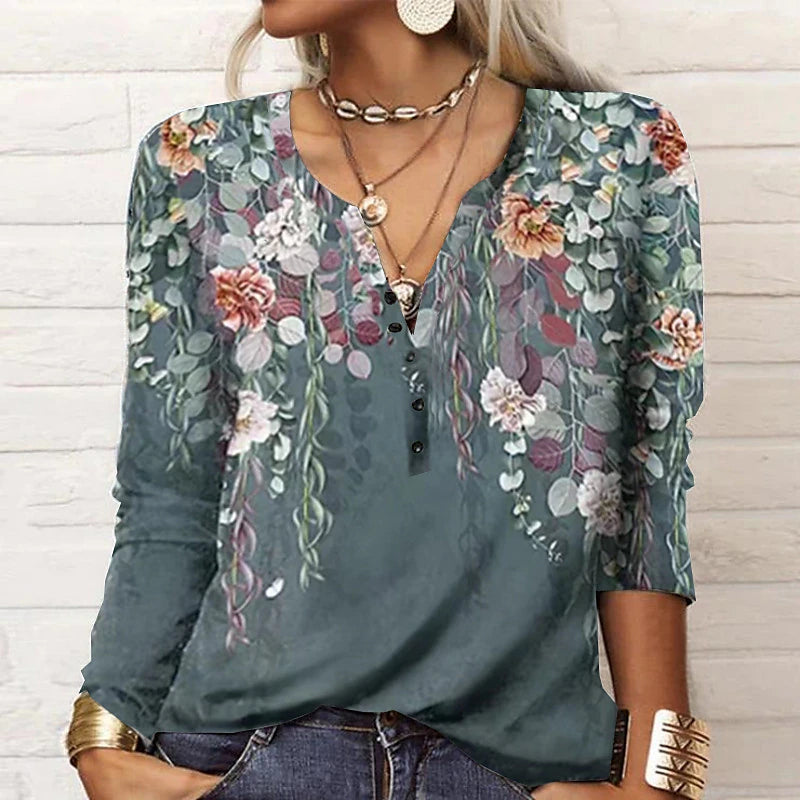 Women's T shirt Tee Floral Holiday Weekend Button Print Black Long Sleeve Daily Basic V Neck Fall & Winter