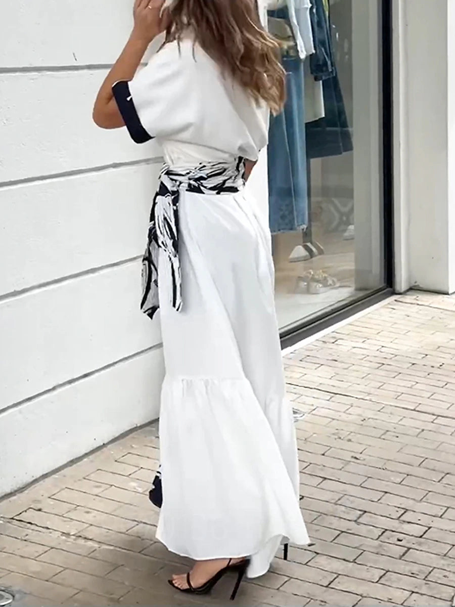 Women's Shirt Dress Floral Color Block Lace up Ruffle Shirt Collar Long Dress Maxi Dress Daily Vacation Short Sleeve Fall Winter