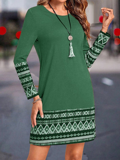 Women's Work Dress Casual Dress Fashion Winter Dress Daily Mini Dress Print Crew Neck Long Sleeve Geometric Color Block Loose Fit Blue Brown Green Fall Winter S M L XL XXL