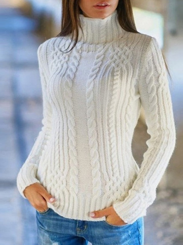 Women's Pullover Sweater Jumper Turtleneck Cable Knit Acrylic Knitted Fall Winter Cropped Outdoor Daily Holiday Stylish Casual Soft Long Sleeve Solid Color Black White Red S M L