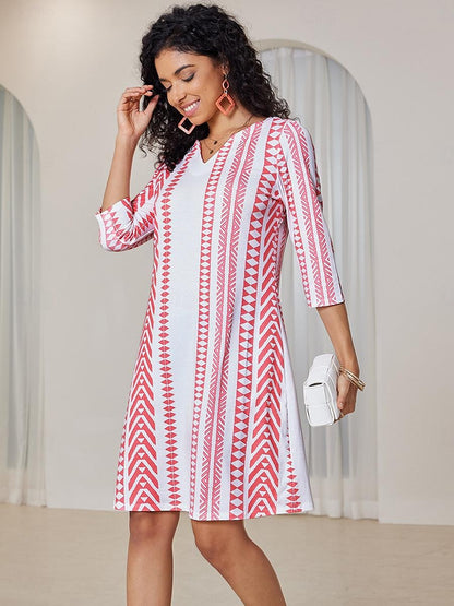 Women's V Neck Midi Dress Half Sleeve Geometric Print Bohemian