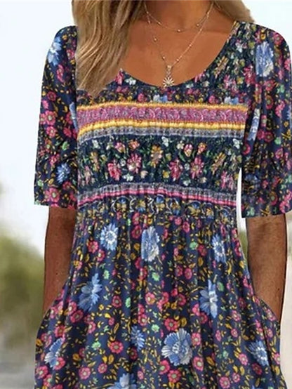 Women's Casual Dress Summer Dress Boho Dress Floral Ruched Pocket Crew Neck Midi Dress Fashion Modern Outdoor Daily Short Sleeve Regular Fit Pink Dark Blue Light Blue Summer Spring S M L XL XXL - LuckyFash™