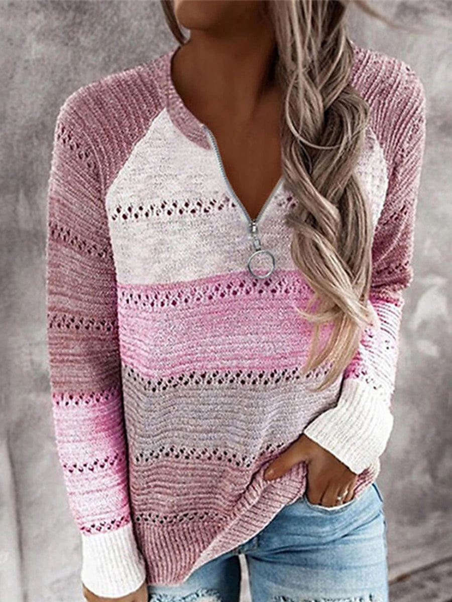 Women's Pullover Sweater Jumper Half Zip V Neck Ribbed Knit Polyester Patchwork Zipper Summer Fall Outdoor Home Daily Stylish Casual Soft Long Sleeve Color Block Pink Purple Coffee S M L