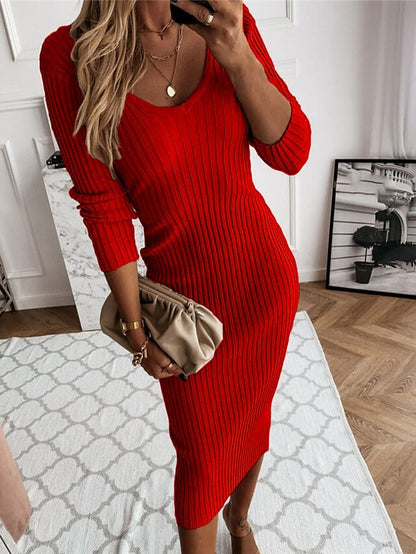 Women's Sweater Dress Jumper Dress Winter Dress Midi Dress Knitwear Fashion Basic Pure Color Outdoor Daily Vacation Fall Dress V Neck Long Sleeve Ruched Knit 2023 Regular Fit Black Red Blue S M L XL