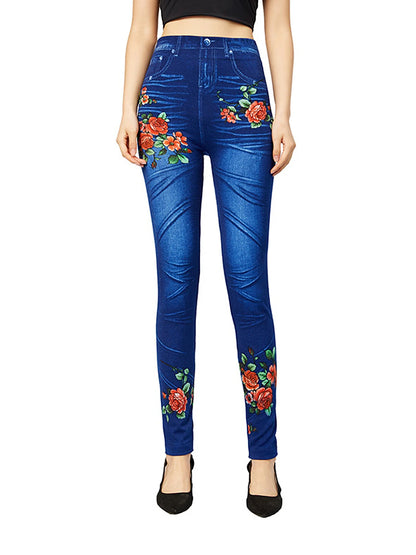 Women's Slim Polyester Floral Blue Fashion High Waist Full Length Street Causal Summer Fall