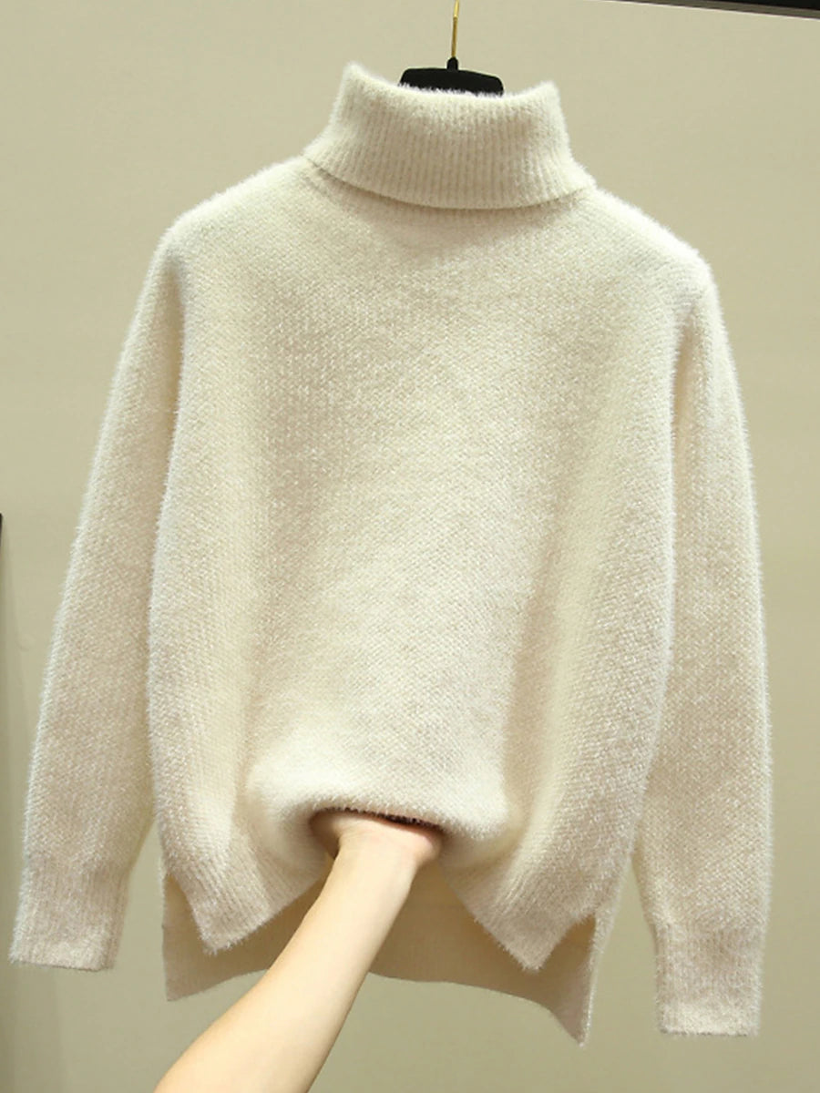 Women's Pullover Sweater Jumper Turtleneck Ribbed Knit Polyester Split Fall Winter Regular Outdoor Daily Going out Stylish Casual Soft Long Sleeve Solid Color White Yellow Pink One-Size