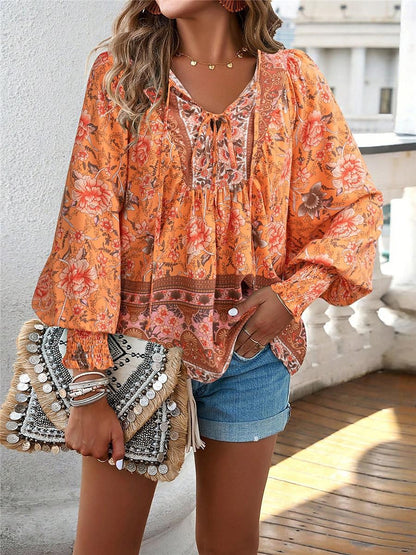 Women's Shirt Blouse Floral Vacation Beach Lace up Print Pink Long Sleeve Casual Boho V Neck Summer