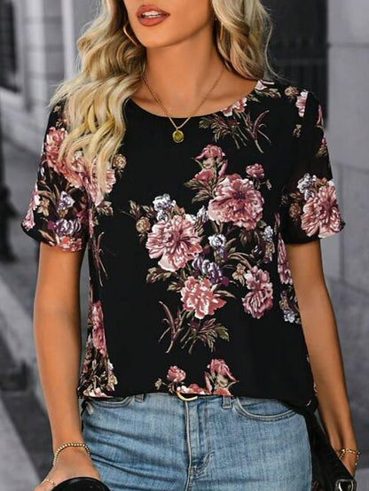 Women's T shirt Tee Floral Casual Holiday Print Black Short Sleeve Fashion Round Neck Summer