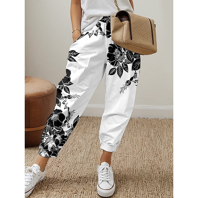 Women's Sweatpants Polyester Floral Black White Active Mid Waist Long Street Daily Wear Spring