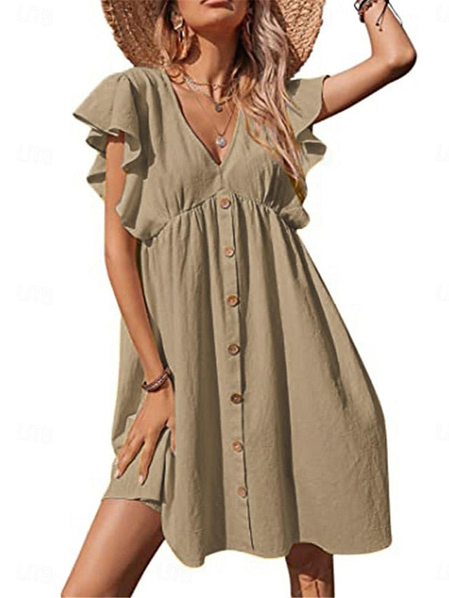 Women's Summer Dress Plain Dress Mini Dress Ruffle Button Vacation Basic Casual V Neck Sleeveless Navy Blue Blue Khaki Color