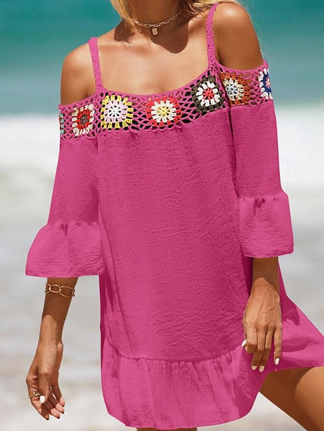 Women's Summer Dress Cover Up Ruffle Cut Out Beach Wear Holiday Long Sleeve Black White Yellow Color