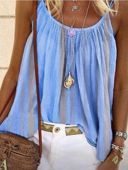 Women's Tank Top Camisole Summer Tops Yellow Pink Blue Stripes Pleated Holiday Boho Round Neck S