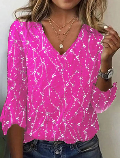 Women's T shirt Tee Graphic Daily Weekend Print Pink 3/4 Length Sleeve Basic Neon & Bright V Neck