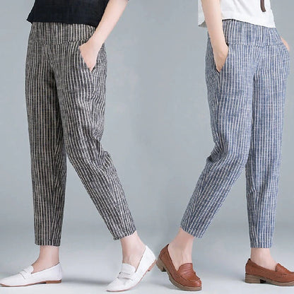 Women's Tapered Carrot Pants Linen Cotton Blend Striped Blue Grey Casual Ankle-Length Casual Daily