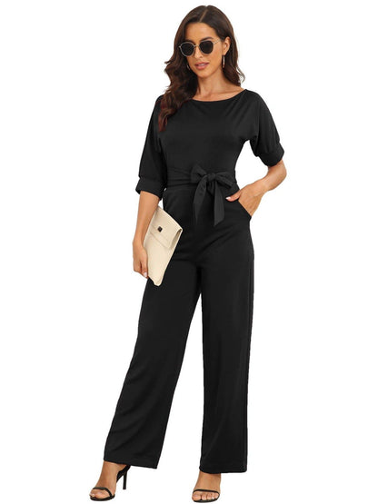 Dressy Jumpsuits for Women - Loose, Casual, Off-Shoulder, Wide Leg, Elastic Waist, Stretchy, 3/4 Sleeve