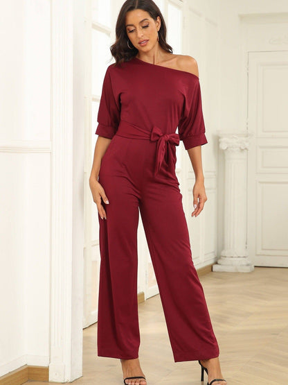 Dressy Jumpsuits for Women - Loose, Casual, Off-Shoulder, Wide Leg, Elastic Waist, Stretchy, 3/4 Sleeve