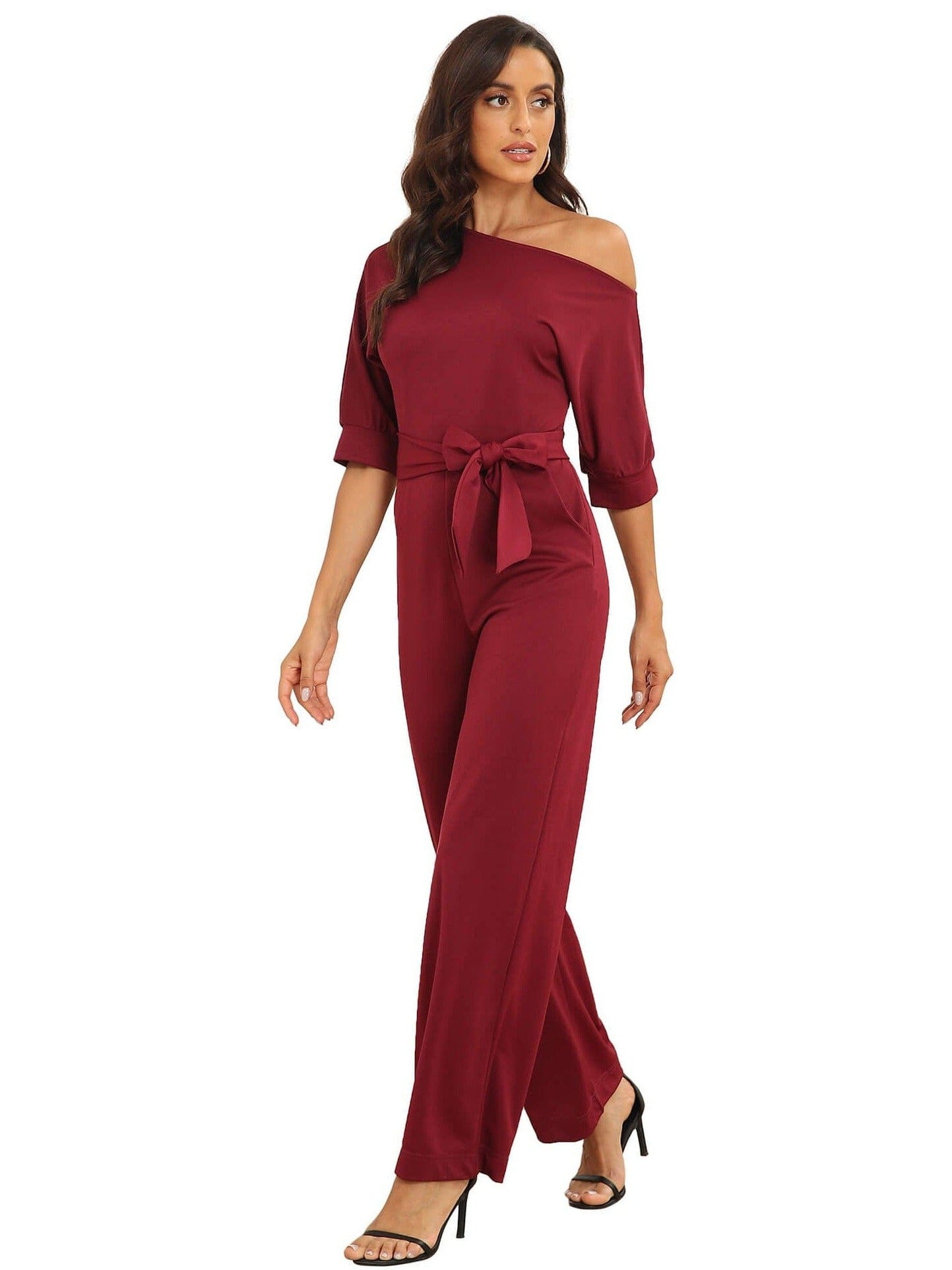 Dressy Jumpsuits for Women - Loose, Casual, Off-Shoulder, Wide Leg, Elastic Waist, Stretchy, 3/4 Sleeve