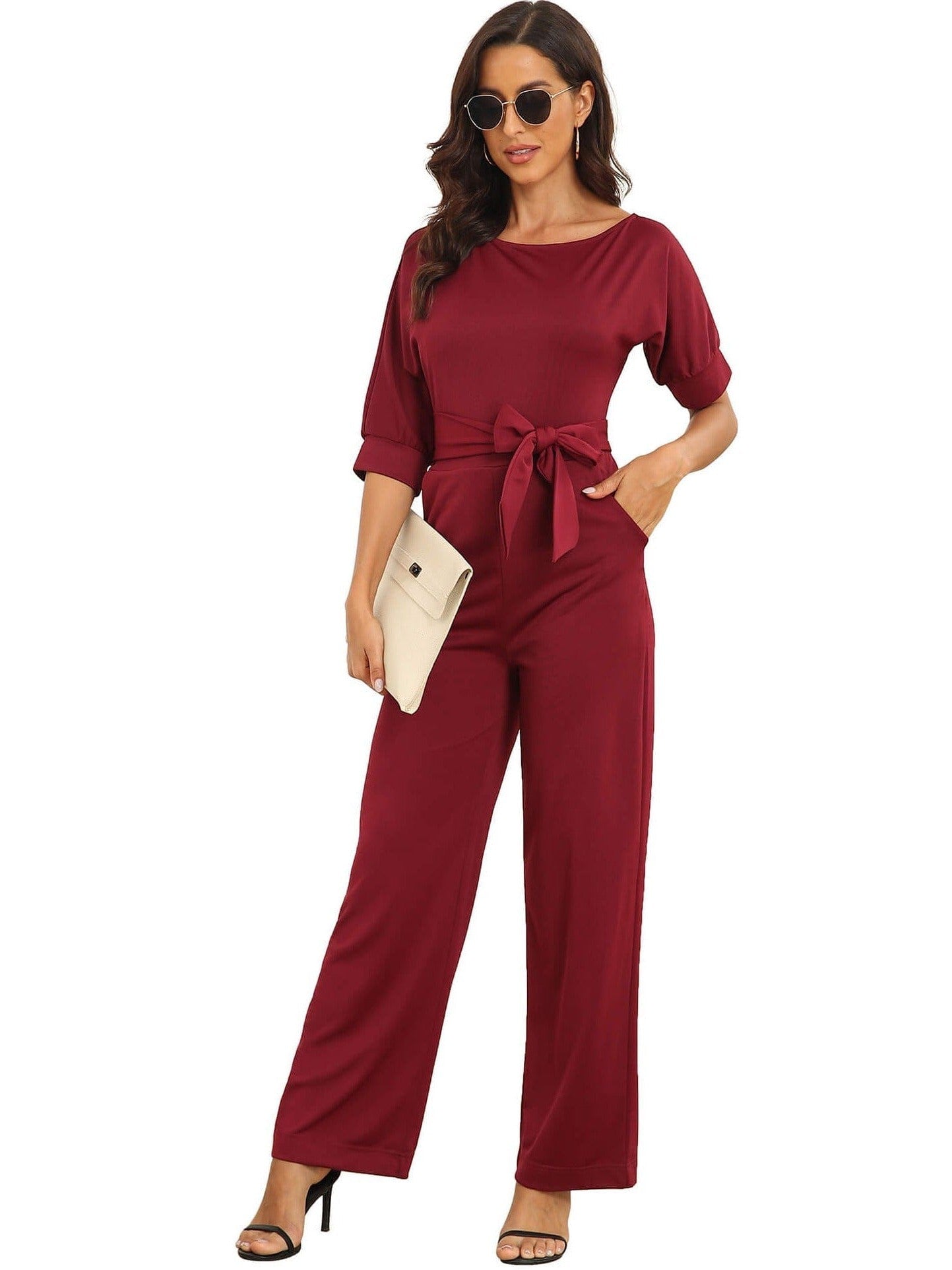 Dressy Jumpsuits for Women - Loose, Casual, Off-Shoulder, Wide Leg, Elastic Waist, Stretchy, 3/4 Sleeve