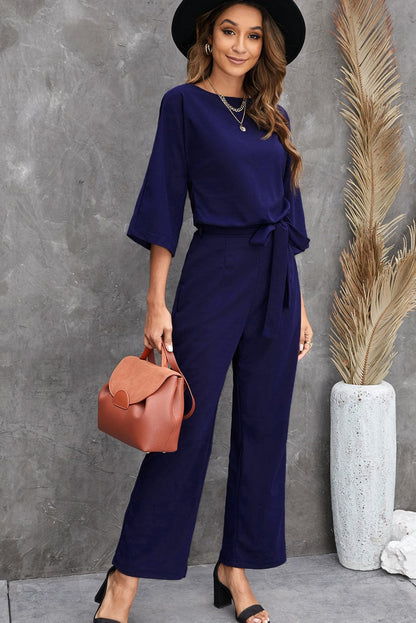 Dressy Jumpsuits for Women - Loose, Casual, Off-Shoulder, Wide Leg, Elastic Waist, Stretchy, 3/4 Sleeve