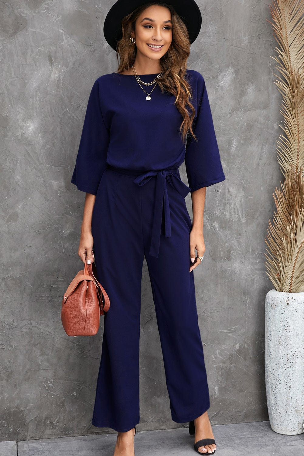 Dressy Jumpsuits for Women - Loose, Casual, Off-Shoulder, Wide Leg, Elastic Waist, Stretchy, 3/4 Sleeve