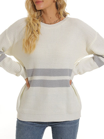 Women's Pullover Sweater Jumper Crew Neck Ribbed Knit Acrylic Patchwork Summer Spring Daily Going out Weekend Stylish Casual Soft Long Sleeve Striped Black White Pink S M L