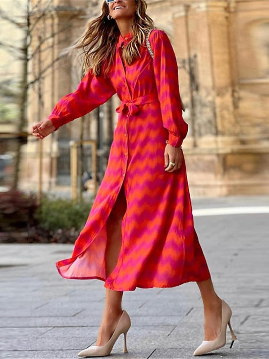 Women's Shirt Dress Casual Dress A Line Dress Color Block Lace up Print Shirt Collar Midi Dress Boho Vacation Long Sleeve Summer