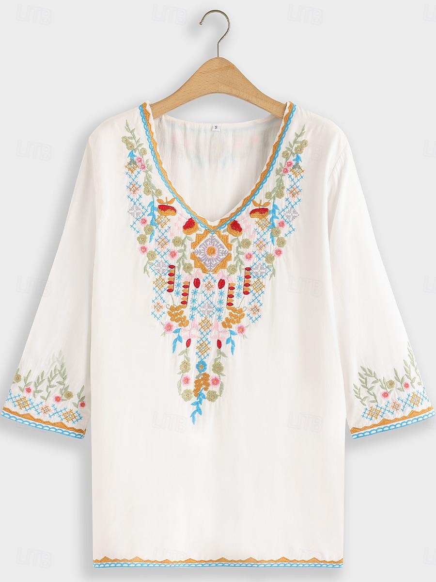 Women's Summer Tops Blouse Embroidered White Half Sleeve V Neck Summer Spring