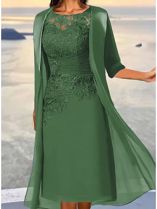 Women's Lace Dress Dress Set Two Piece Dress Midi Dress Dusty Blue Green 3/4 Length Sleeve Pure Color Lace up Summer Spring Fall Crew Neck Elegant Party Wedding Guest 2023 S M L XL 2XL 3XL - LuckyFash™