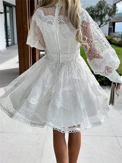 Women's White Dress Lace Dress Casual Dress Mini Dress Lace Patchwork Date Streetwear A Line Stand Collar Long Sleeve Black White Color