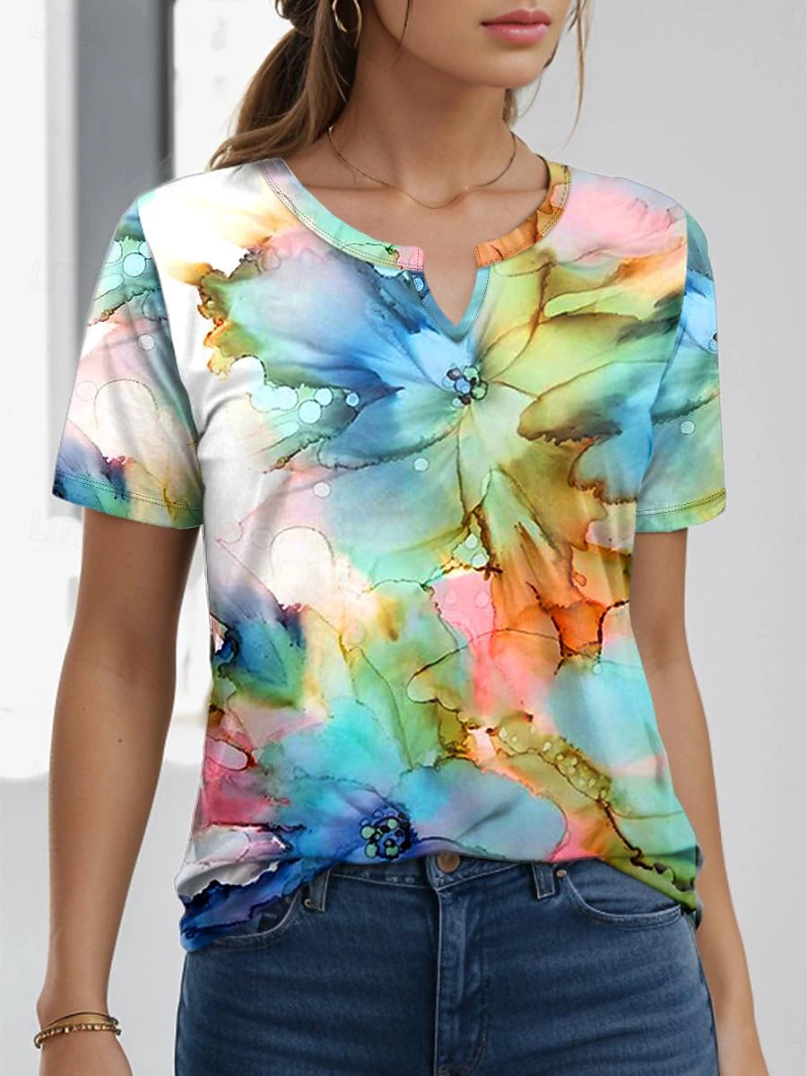 Women's T Shirt Tee Tie Dye Floral Print Blue Short Sleeve Casual Vacation Stylish V Neck Summer