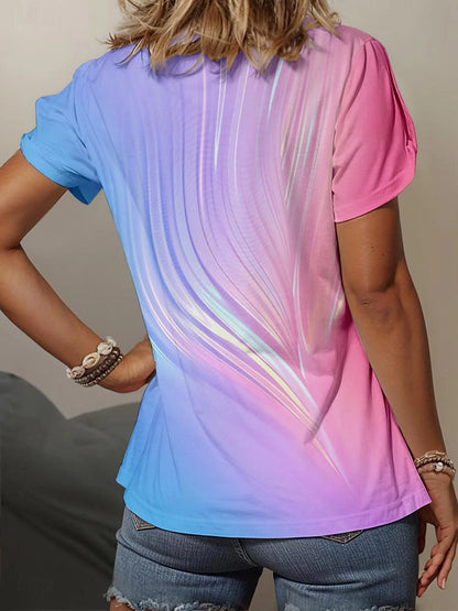 Women's T shirt Tee Ombre Color Gradient Vacation Button Cut Out Pink Short Sleeve Stylish Neon & Bright V Neck Summer