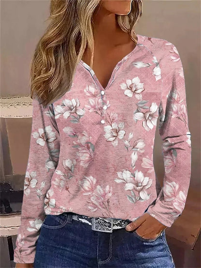 Women's T shirt Tee Henley Shirt Floral Holiday Weekend Button Print Pink Long Sleeve Elegant Fashion Daily V Neck Fall & Winter