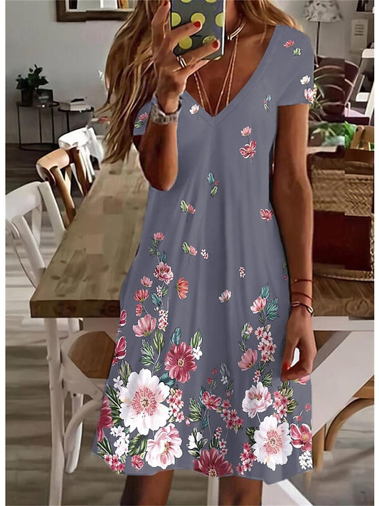 Women's Casual Dress Shift Dress Floral Dress Mini Dress Light Blue White Light Green Short Sleeve Floral Print Spring Summer V Neck Basic Daily Weekend 2023 S M L XL 2XL 3XL 4XL - LuckyFash™