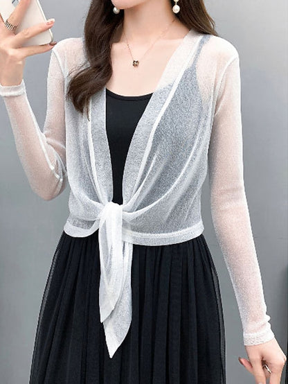 Women's Shrug Jumper Ribbed Knit Lace up Glitter Solid Color V Neck Shrugs Stylish Outdoor Daily Summer Spring Black White M L XL - LuckyFash™