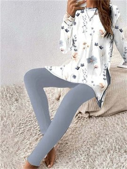 Women's T shirt Tee Pants Sets Floral Graphic Striped Casual Daily Print Black Long Sleeve Fashion Crew Neck Fall & Winter