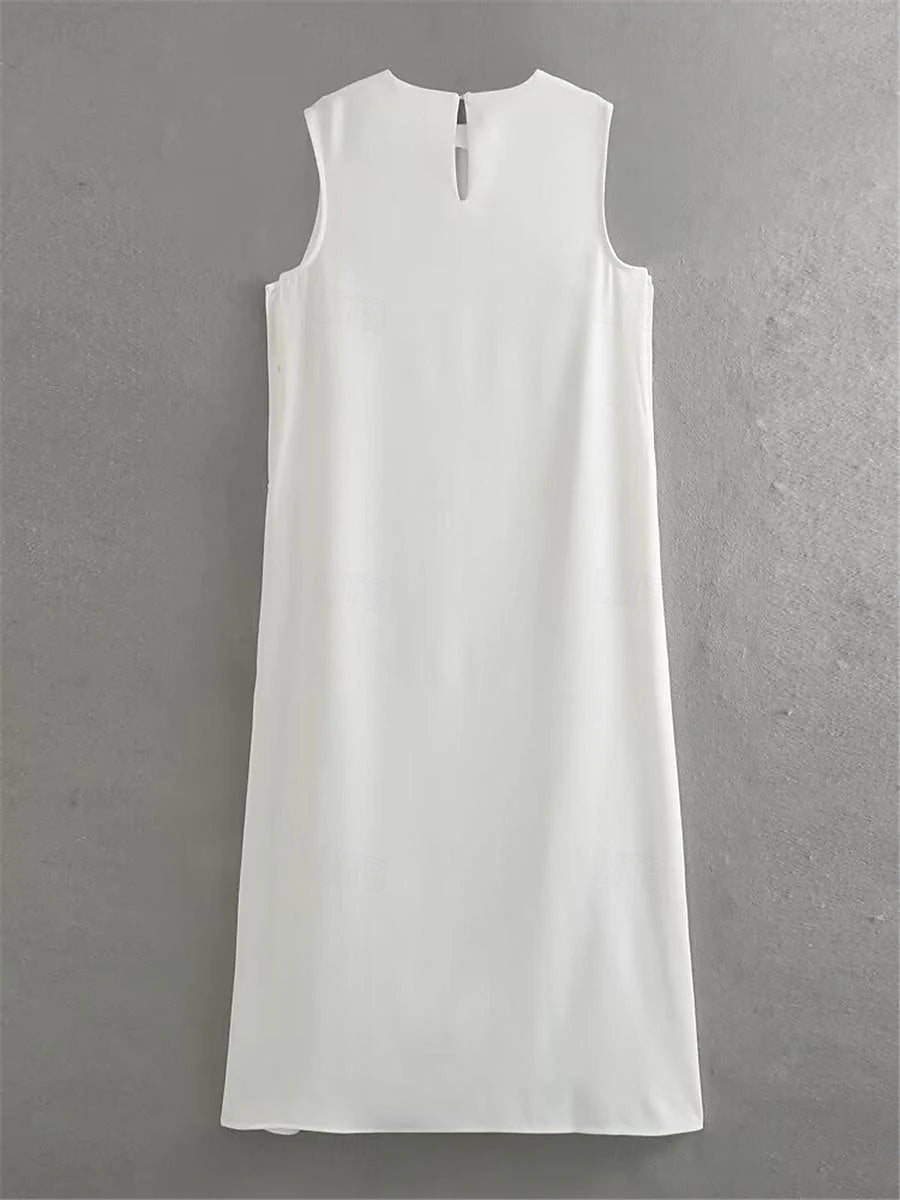 Women's White Dress Casual Dress Tank Dress Maxi Dress Button Split Date Vacation Streetwear Maxi Crew Neck Sleeveless White Color