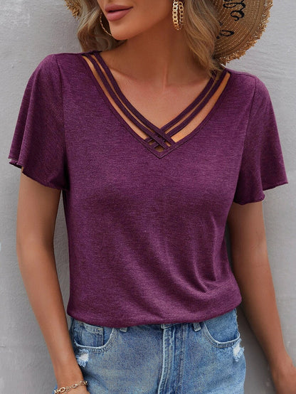 Women's T shirt Tee Burgundy Tee Plain Daily Weekend Cut Out Black Short Sleeve Basic V Neck