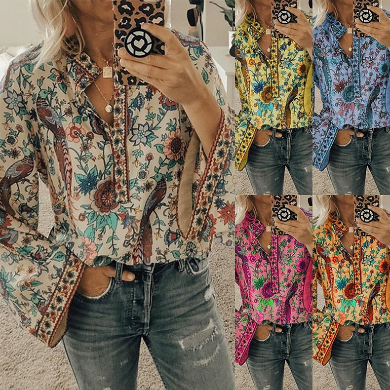 Women's Shirt Blouse Yellow Pink Dusty Rose Graphic Floral Button Print Long Sleeve Daily Holiday Vintage Boho Streetwear Round Neck Regular Boho S