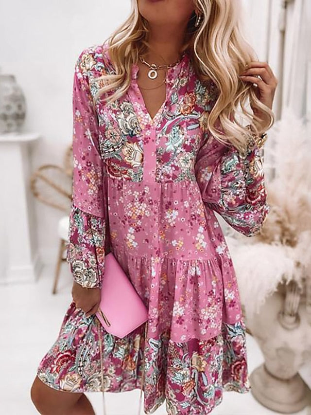 Women's Shift Dress BohoÂ Dress Knee Length Dress Pink Long Sleeve Floral Ruffle Smocked Print Summer Spring V Neck Boho Casual Flare Cuff Sleeve 2023 4XL - LuckyFash™