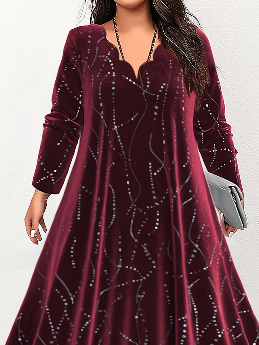 Women‘s Plus Size Curve Elegant Velvet Dress Party Dress A Line Dress Gradient Long Dress Maxi Dress Long Sleeve Print V Neck Party Dress Wedding Guest Dress