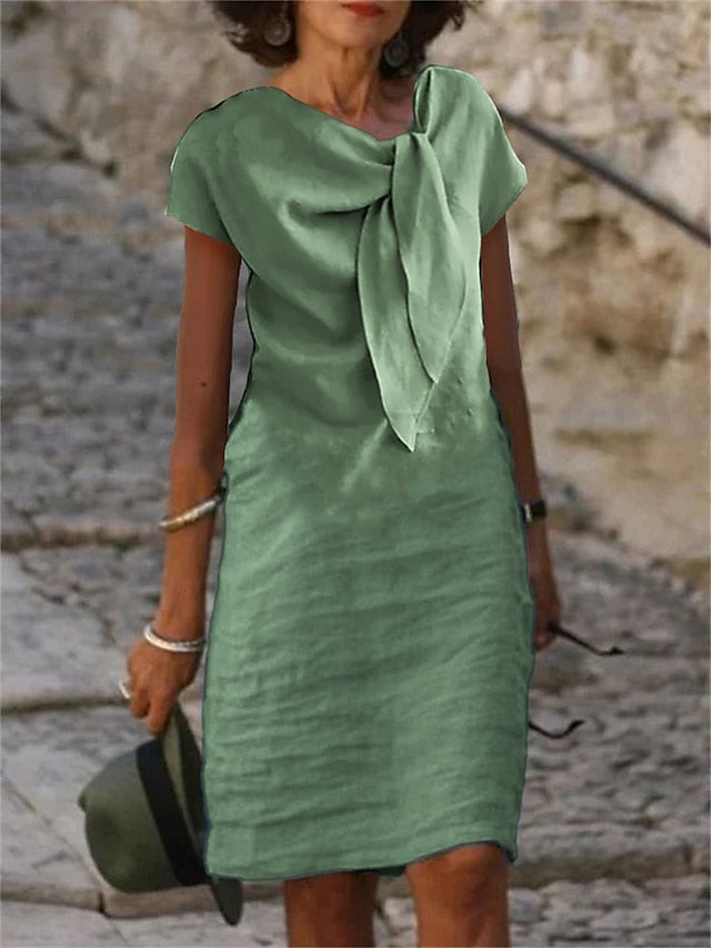 Women's Casual Dress Cotton Dress Shift Dress Midi Dress Cotton Blend Fashion Basic Outdoor Daily Vacation V Neck Lace up Short Sleeve Summer Spring 2023 Loose Fit Black White Blue Plain S M L XL 2XL - LuckyFash™