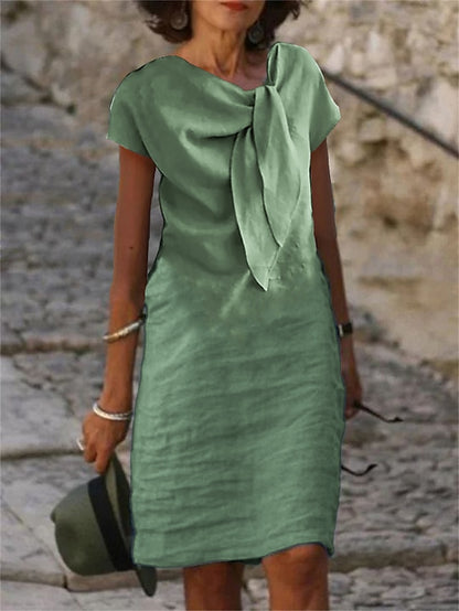 Women's Casual Dress Cotton Dress Shift Dress Midi Dress Cotton Blend Fashion Basic Outdoor Daily Vacation V Neck Lace up Short Sleeve Summer Spring 2023 Loose Fit Black White Blue Plain S M L XL 2XL - LuckyFash™