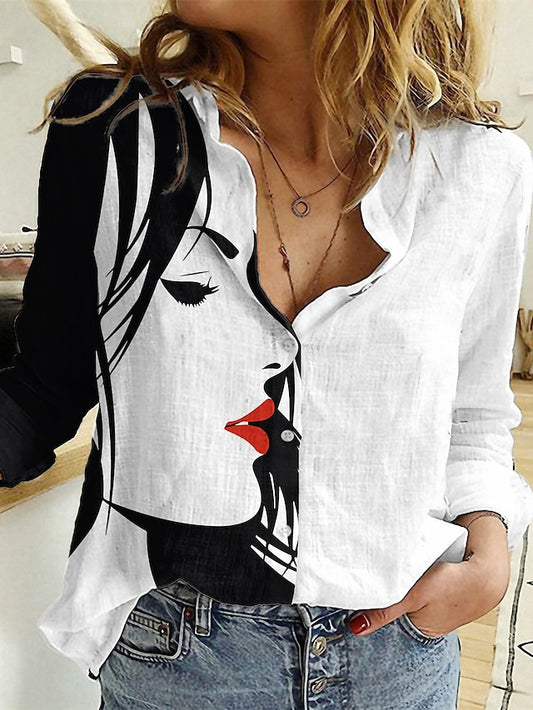 Women's Shirt Blouse White Pink Blue Graphic Abstract Button Print Long Sleeve Daily Weekend Streetwear Casual Shirt Collar Regular Portrait S