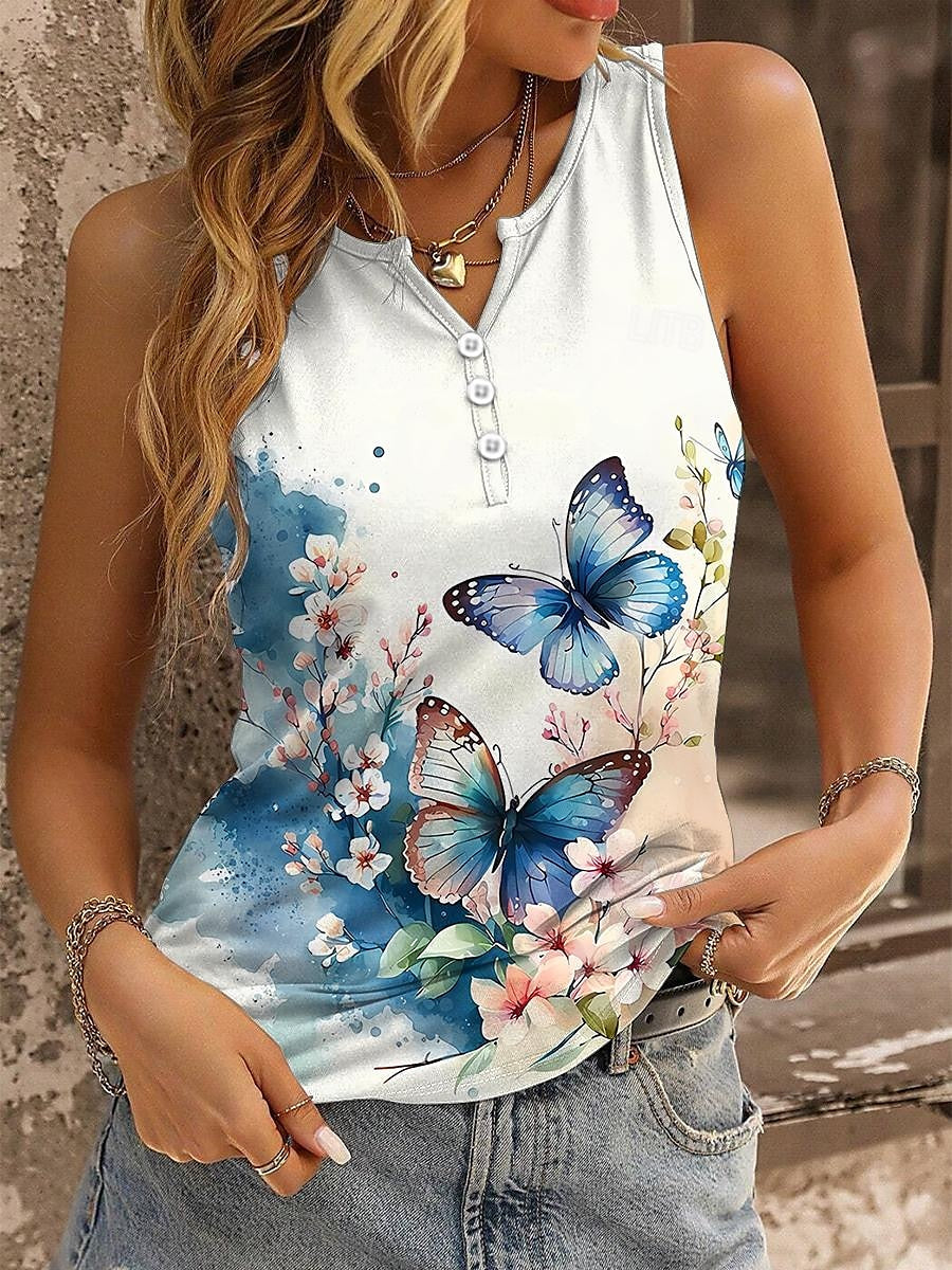 Women's Tank Top Butterfly Daily Print White Sleeveless Vintage Fashion V Neck Summer