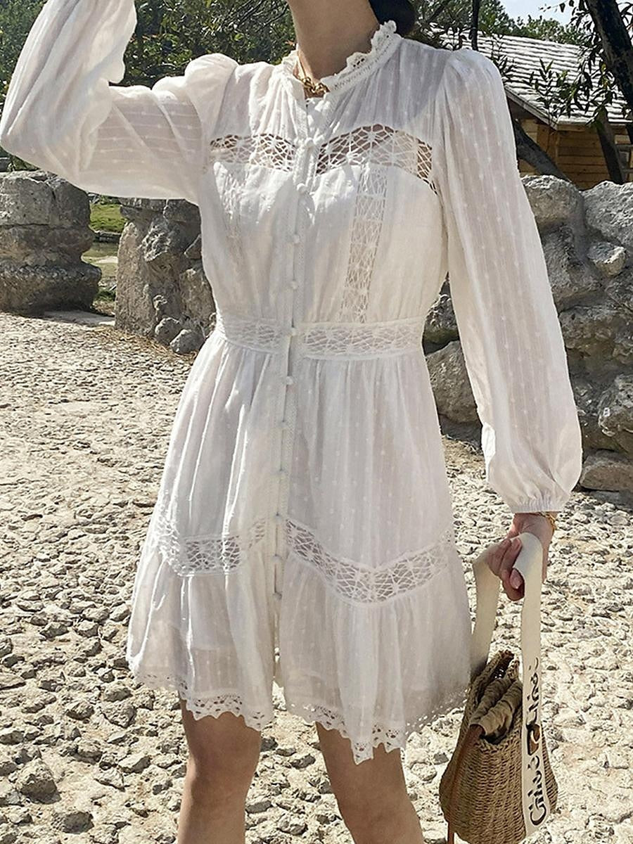 Women's White Dress Lace Dress Casual Dress Mini Dress Cotton Lace Patchwork Date Vacation Elegant Streetwear Stand Collar Long Sleeve Beige Color