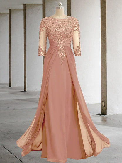 Sheath / Column Mother of the Bride Dress Formal Wedding Guest Elegant Sparkle & Shine Jewel Neck Asymmetrical Floor Length Chiffon Lace 3/4 Length Sleeve with Sequin Appliques 2023 - LuckyFash™